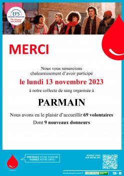 Collecte de sang novembre 2023- MERCI Parmain